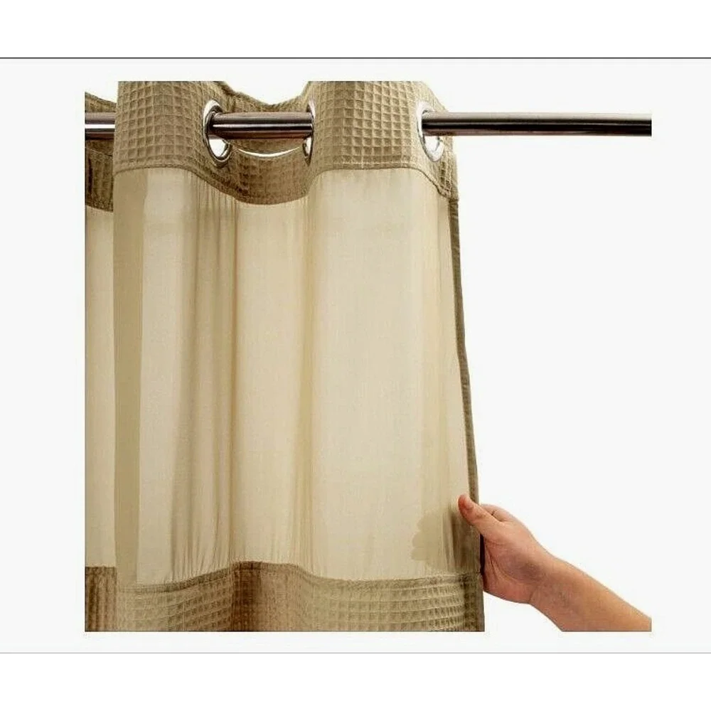Fab Hotel Type Shower Curtain Beige Fabric Sheer Window w Snap Lower Liner 71x74